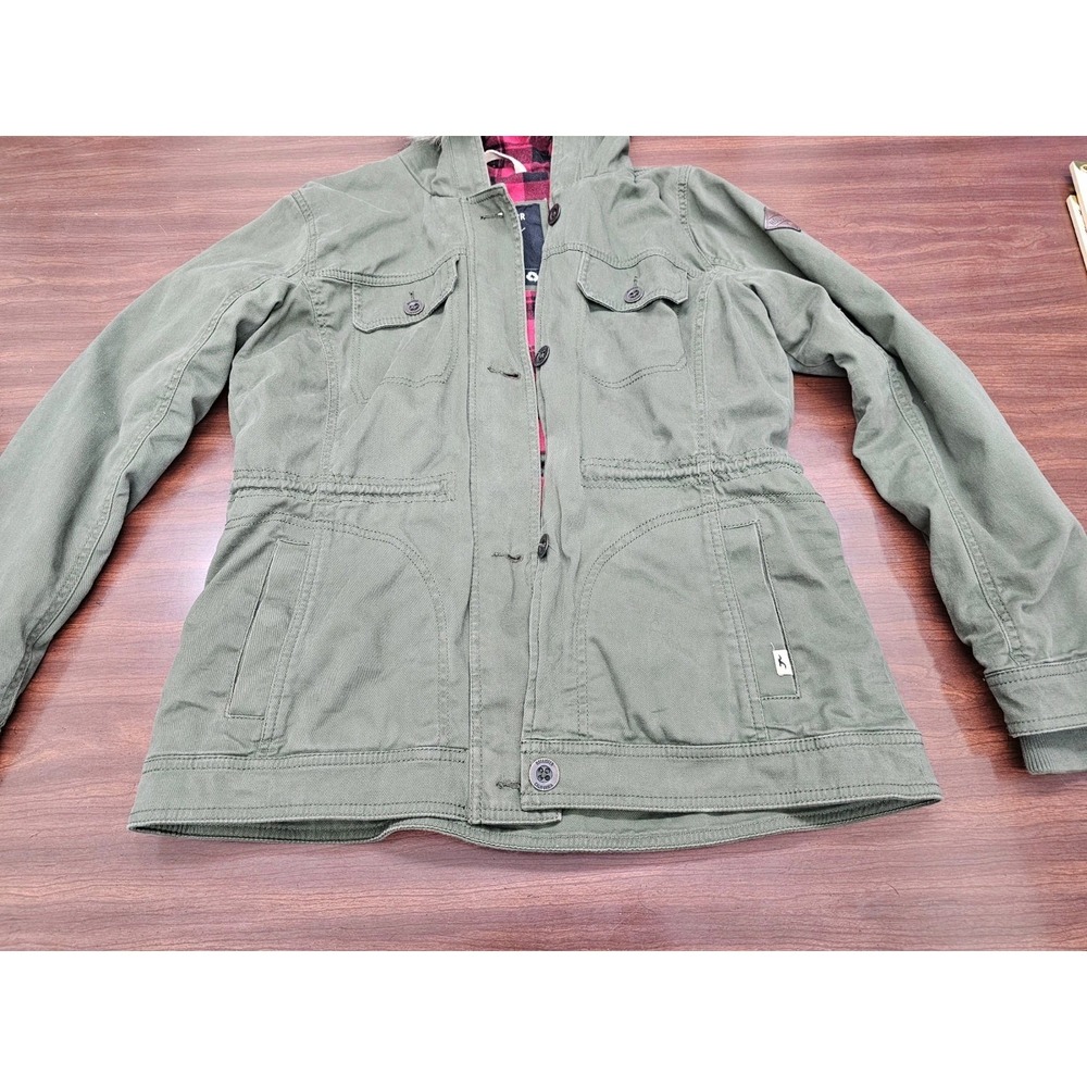 Hollister Women's Utility Jacket Fur Hood Plaid Interior Green Coat Size Large - Picture 3 of 11